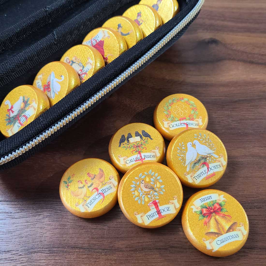 12 Days of Christmas Crokinole Discs, 13 Pieces With Hard Carry Case