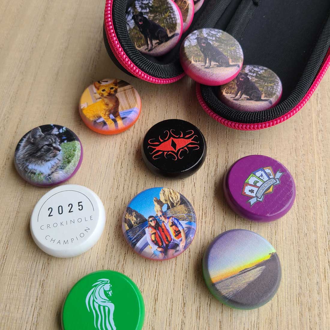 Custom Printed Premium Glazed Wooden Crokinole Discs, With Hard Carry Case, 13 Discs