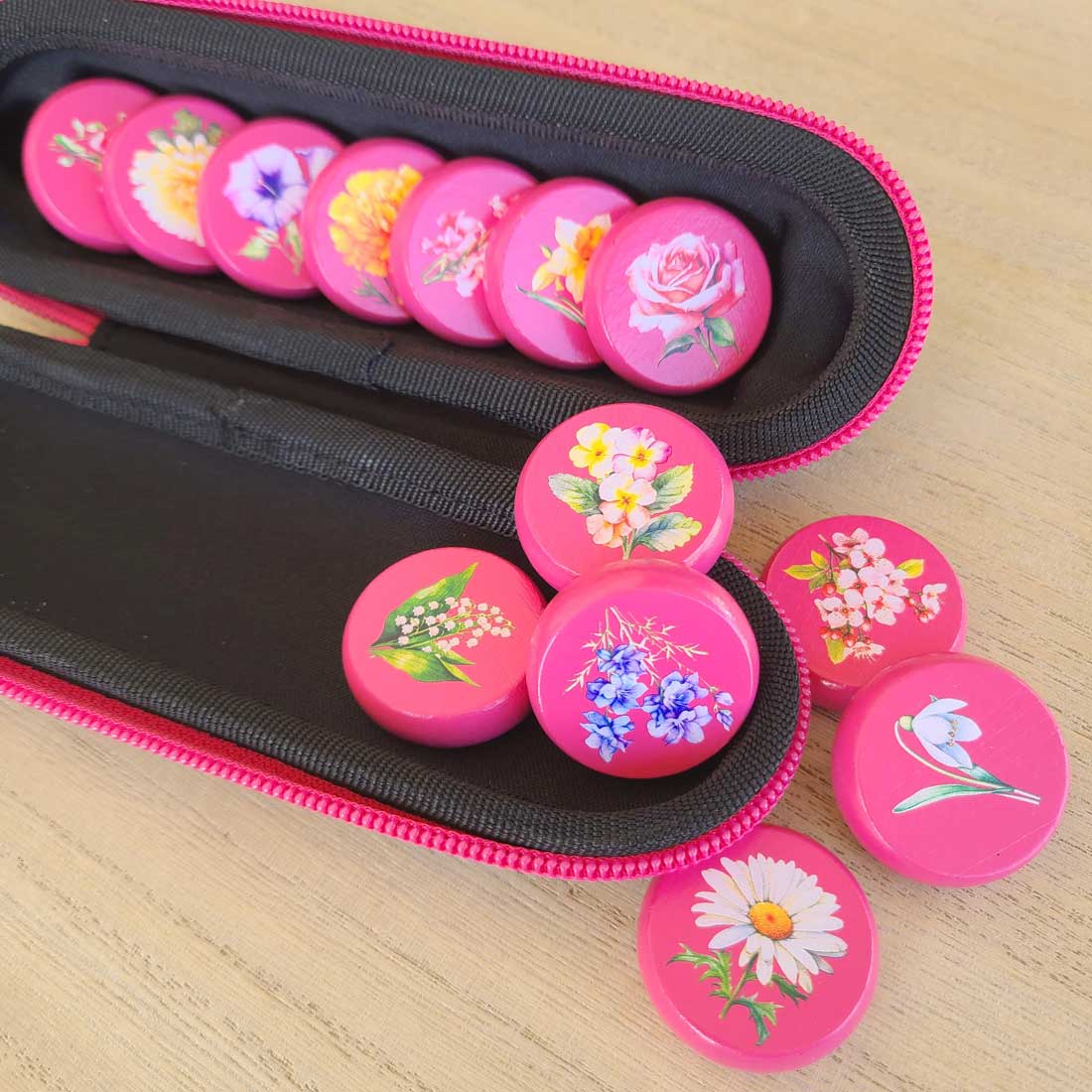 Flower Crokinole Discs, 13 Pieces With Hard Carry Case