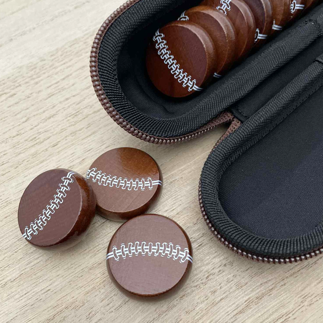 Sports Balls Wooden Crokinole Discs, 13 Pieces With Hard Carry Case