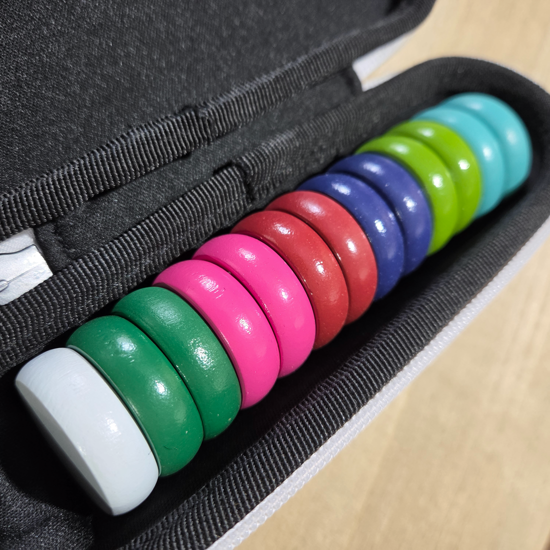 Multi-Color Crokinole Disc Pairs with Hard Carry Case - Mini Tabletop Game/Bonus Game Pieces