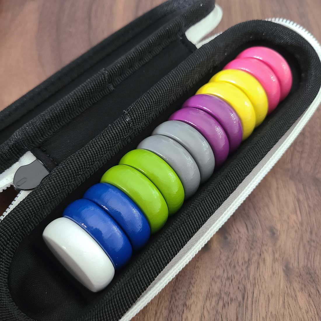 Multi-Color Crokinole Disc Pairs, With Hard Carry Case, 13 Discs