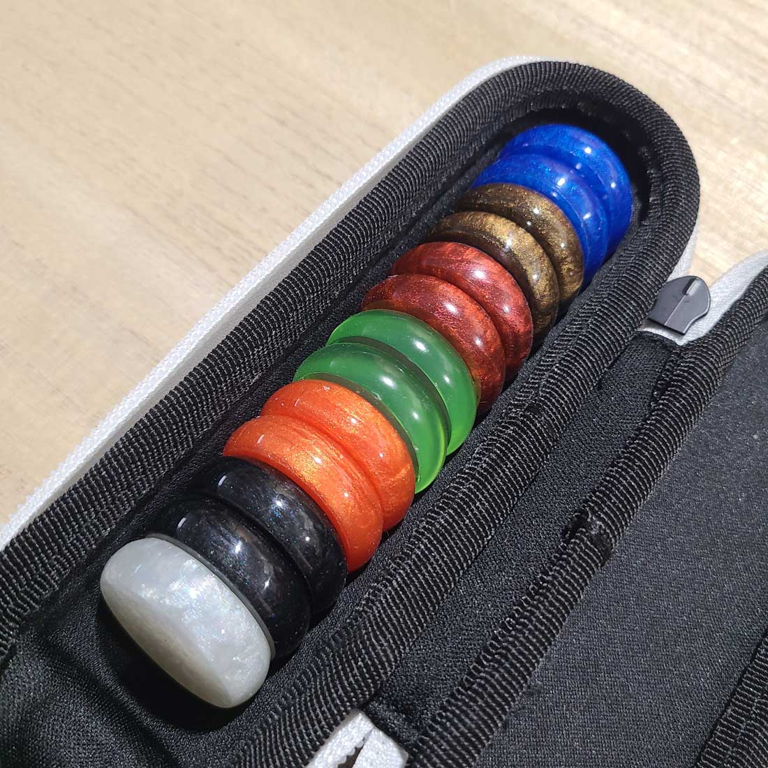 Multi-Color Crokinole Disc Pairs, With Hard Carry Case, 13 Discs