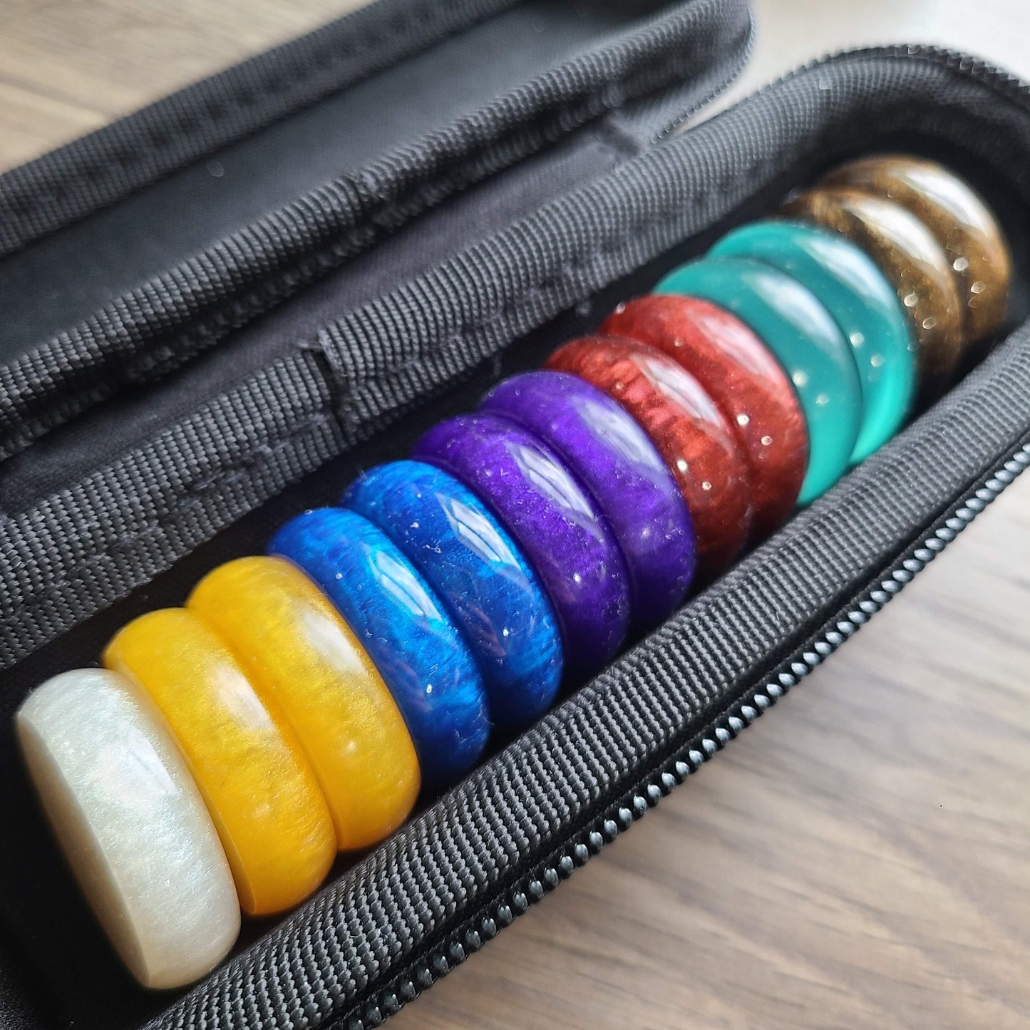 Multi-Color Crokinole Disc Pairs, With Hard Carry Case, 13 Discs