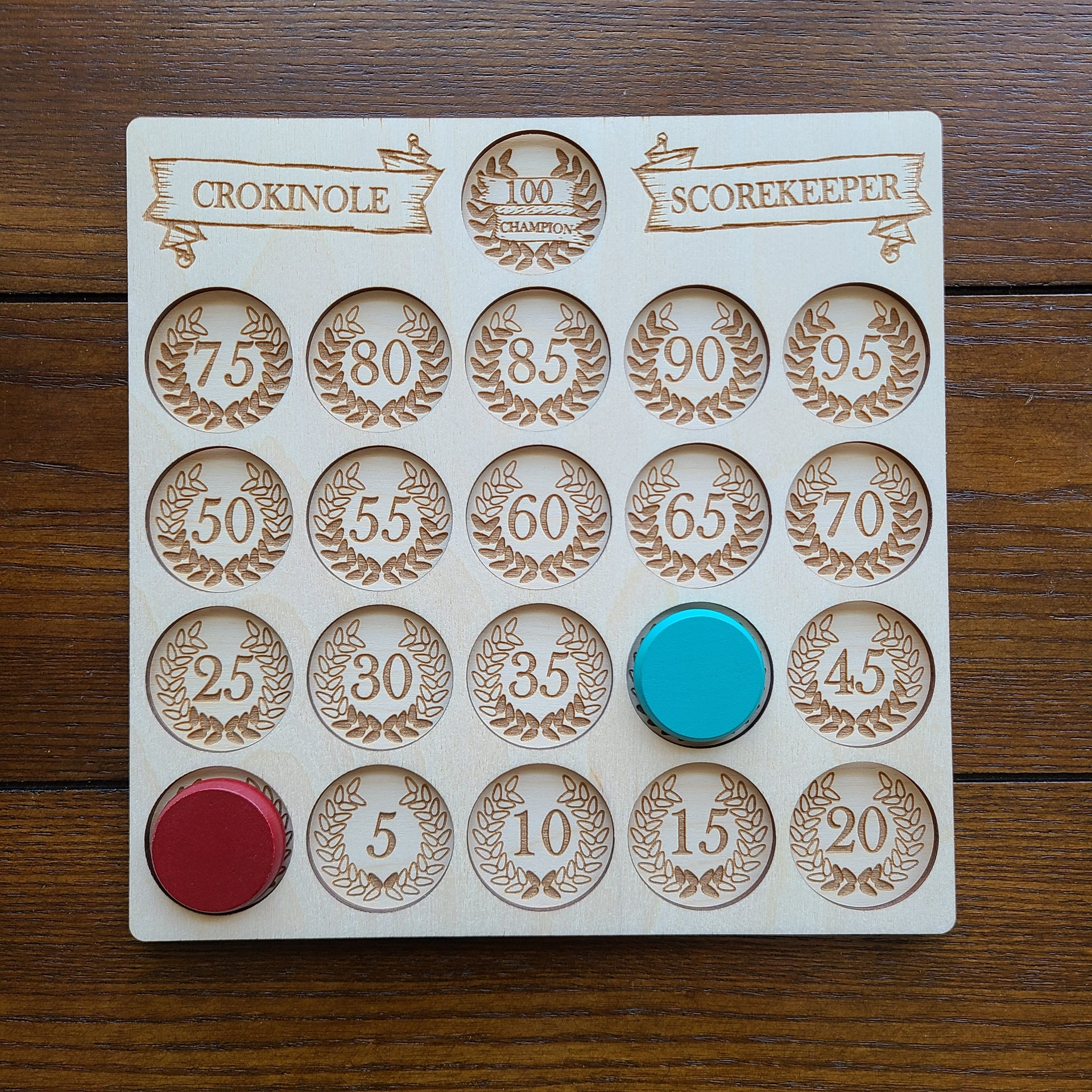 Complete Wooden Crokinole Scorekeeper, 100 Points & Tournament 10 - Crokinole Scorekeeper - Left to Right Points